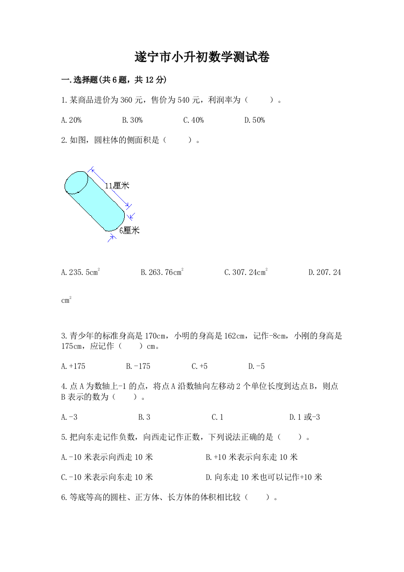 遂宁市小升初数学测试卷及答案一套