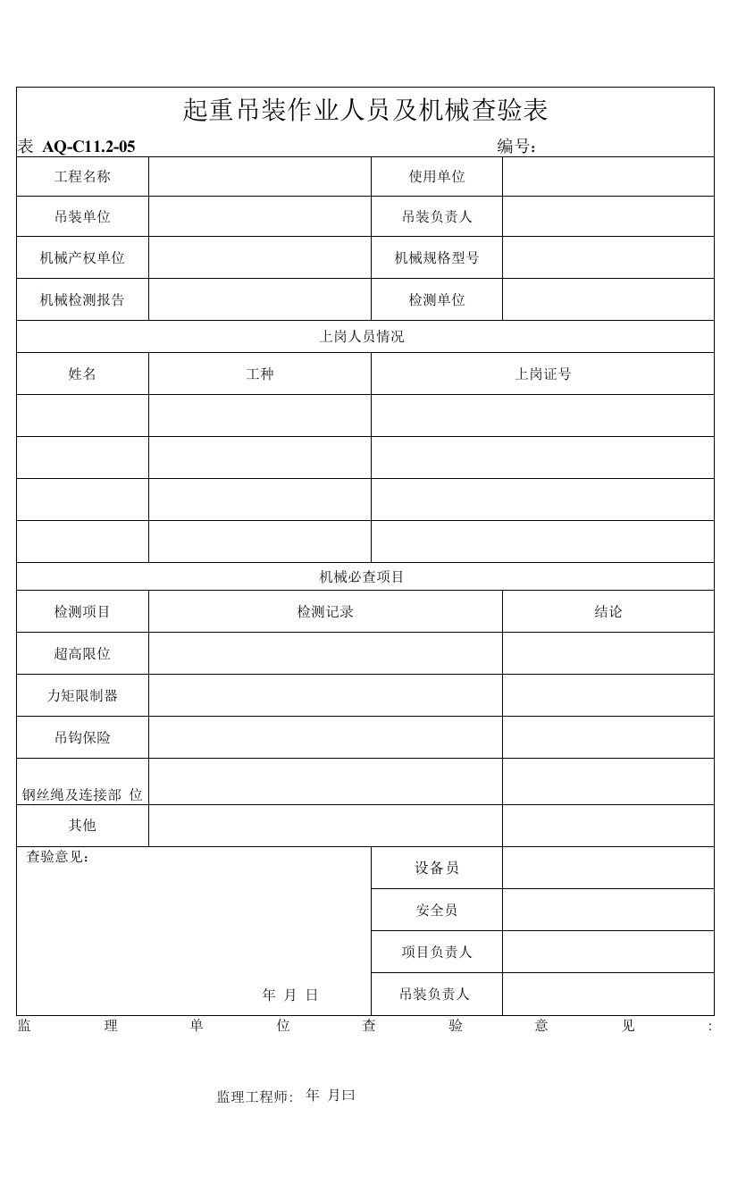 11.2.5起重吊装作业人员及机械查验表