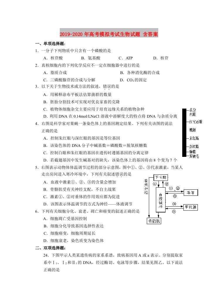 2019-2020年高考模拟考试生物试题