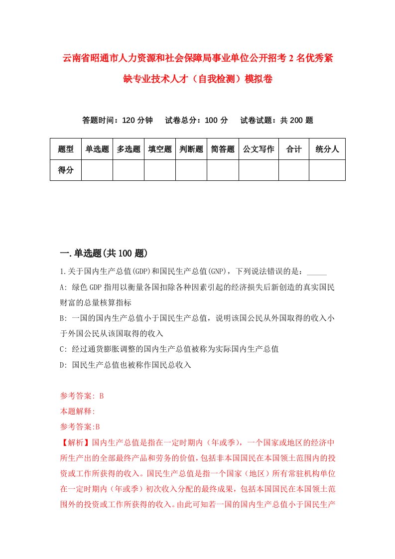 云南省昭通市人力资源和社会保障局事业单位公开招考2名优秀紧缺专业技术人才自我检测模拟卷第6卷