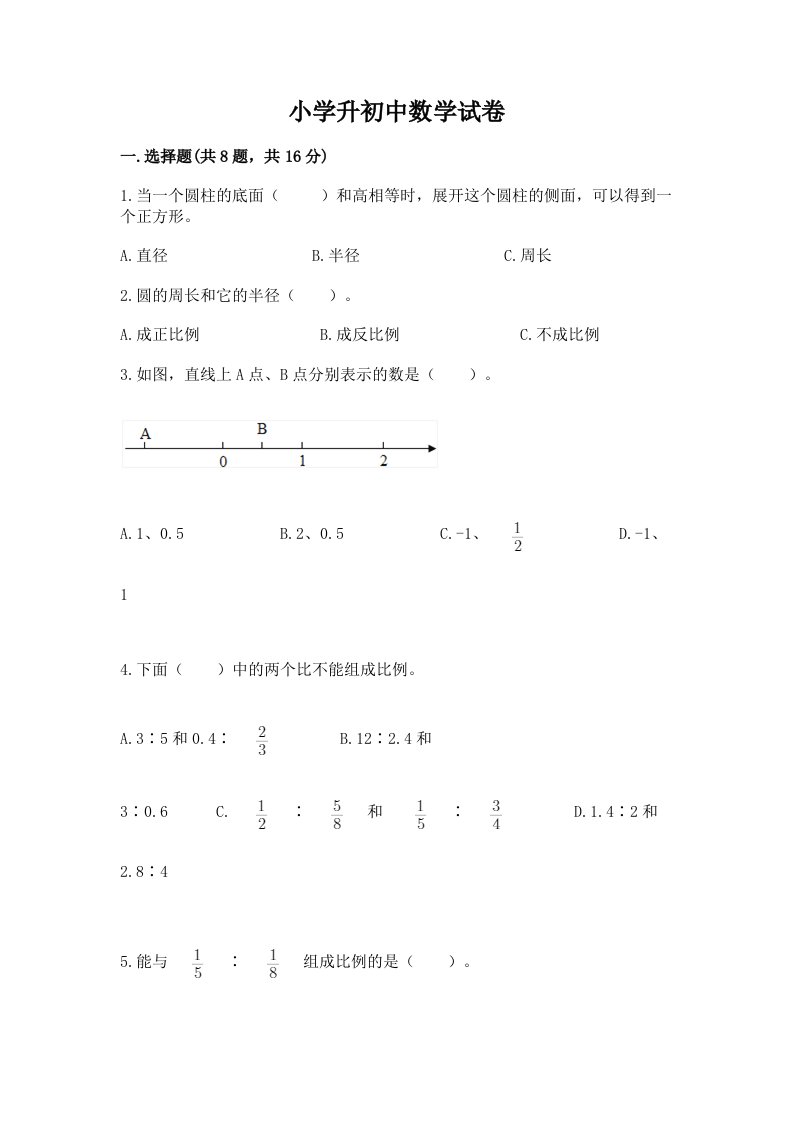 小学升初中数学试卷及答案（各地真题）