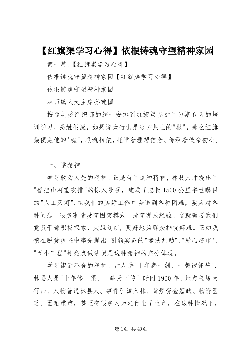 【红旗渠学习心得】依根铸魂守望精神家园