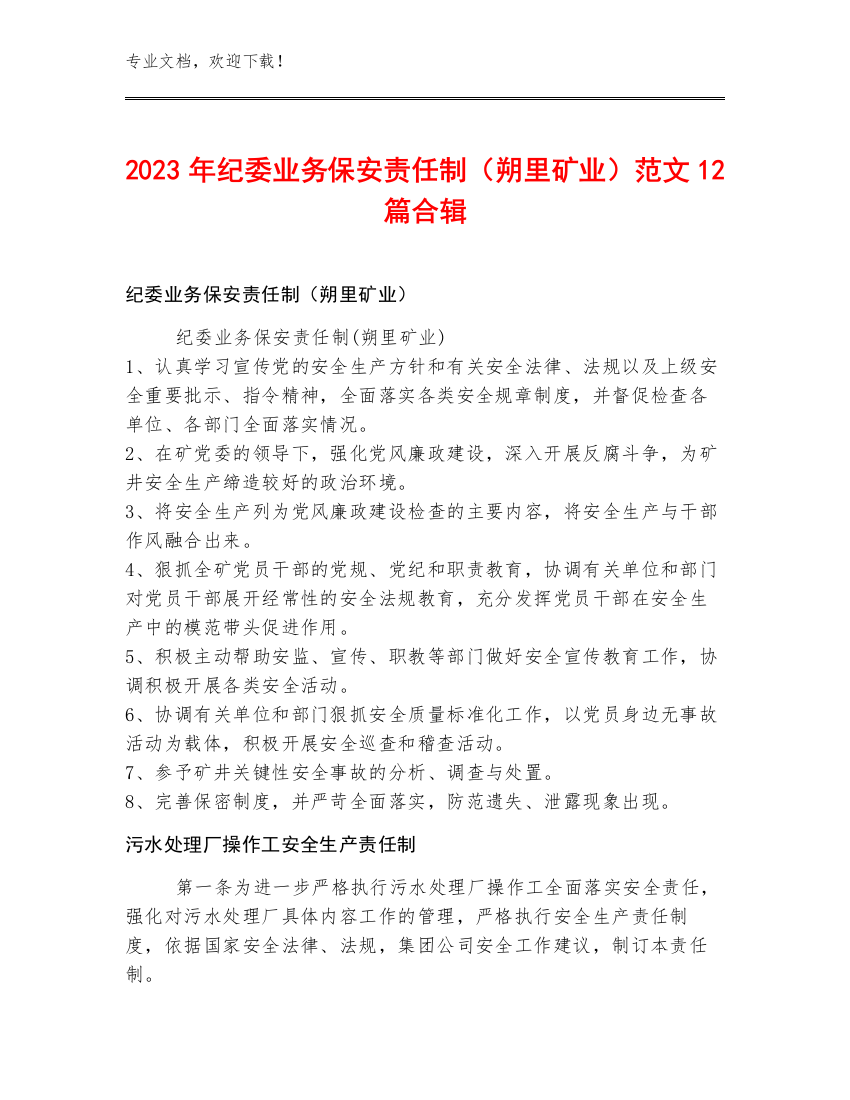 2023年纪委业务保安责任制（朔里矿业）范文12篇合辑