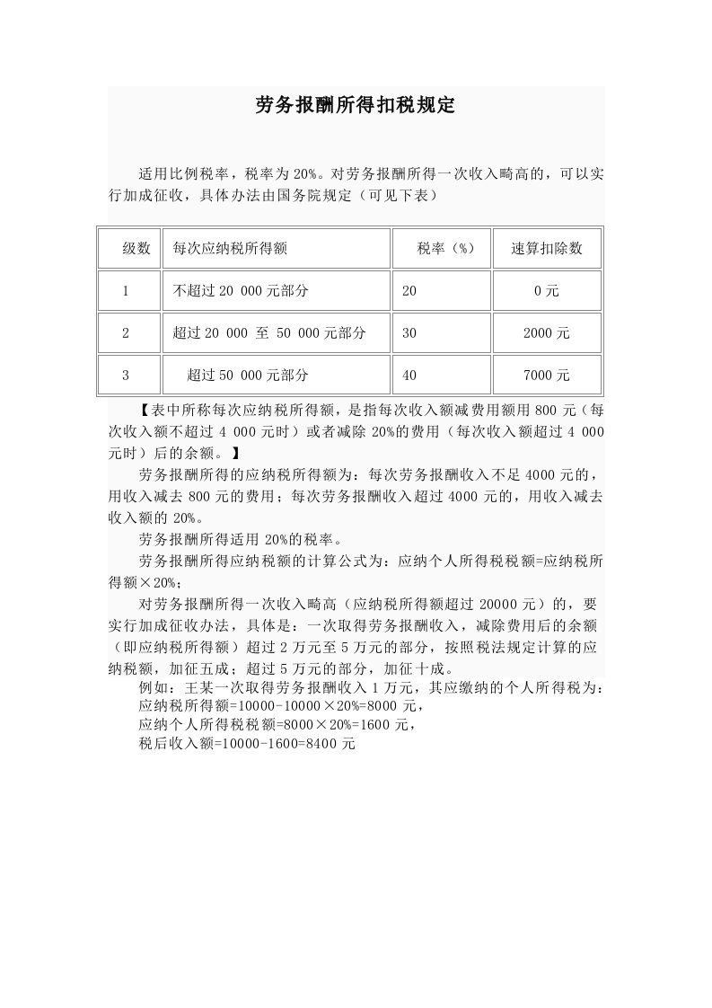 劳务报酬所得扣税规定