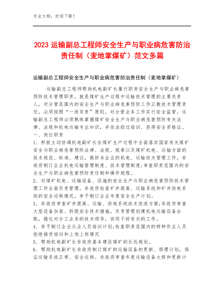 2023运输副总工程师安全生产与职业病危害防治责任制（麦地掌煤矿）范文多篇