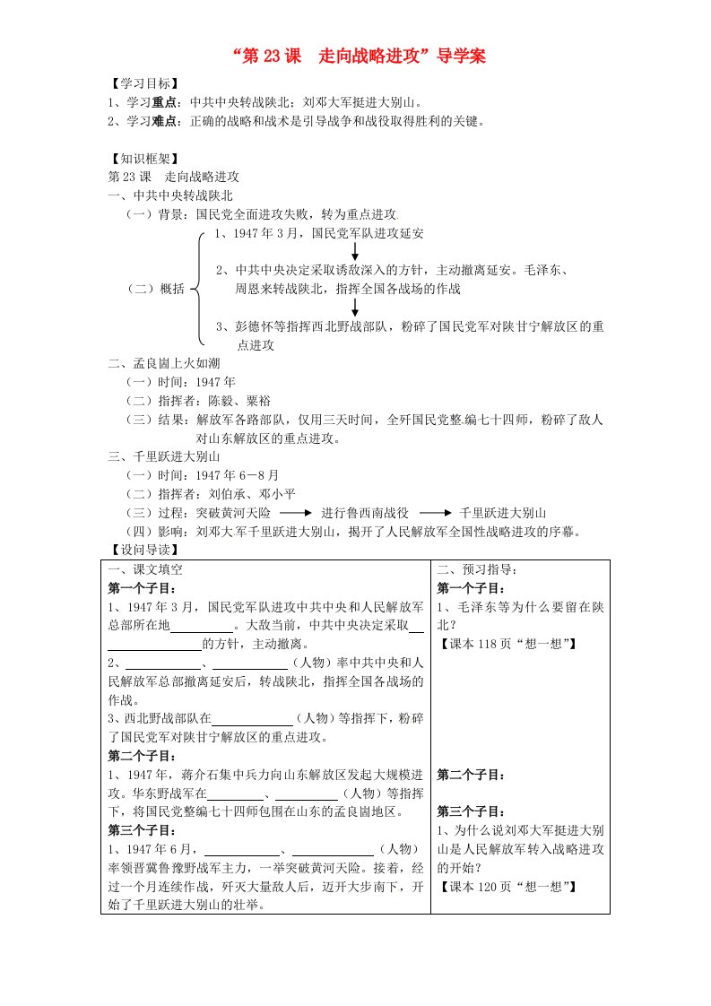 福建省晋江首峰中学八年级历史上册第23课走向战略进攻导学案无答案新人教版