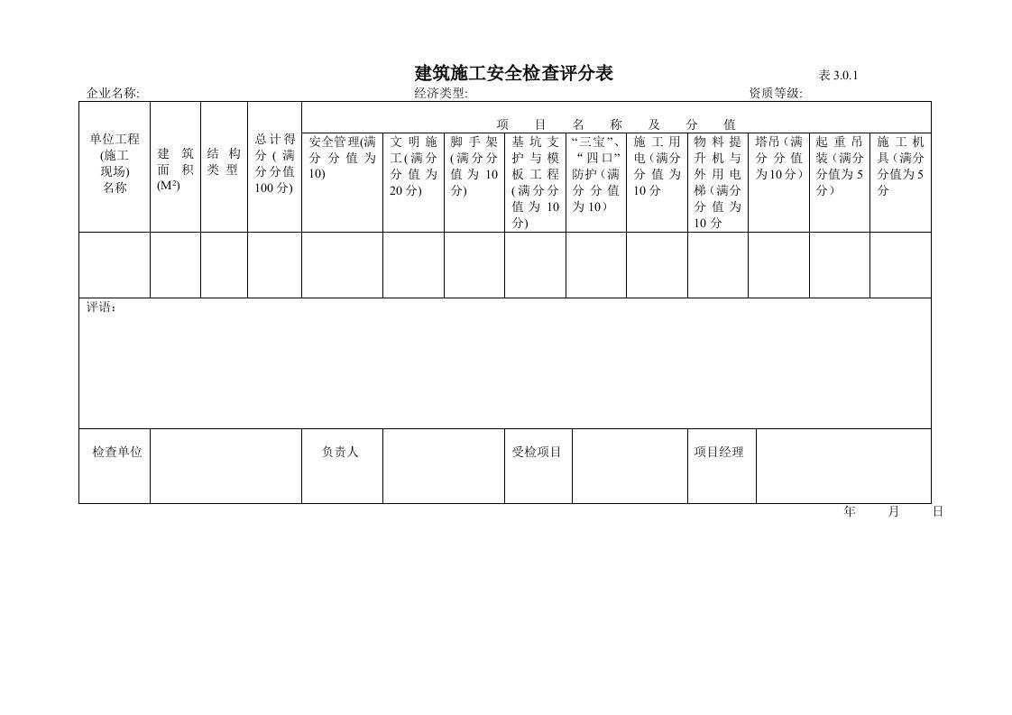 建筑施工安全检查评分表JGJ59-99