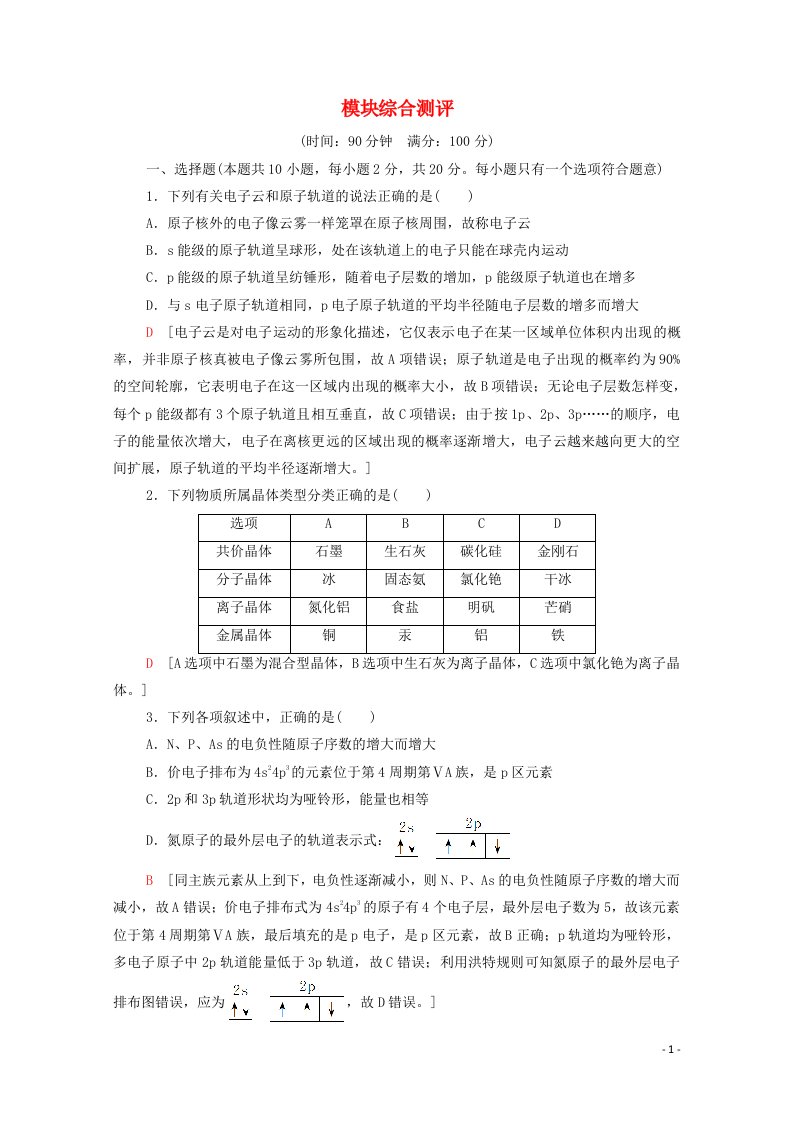 2020_2021学年新教材高中化学模块综合测评含解析鲁科版选择性必修2