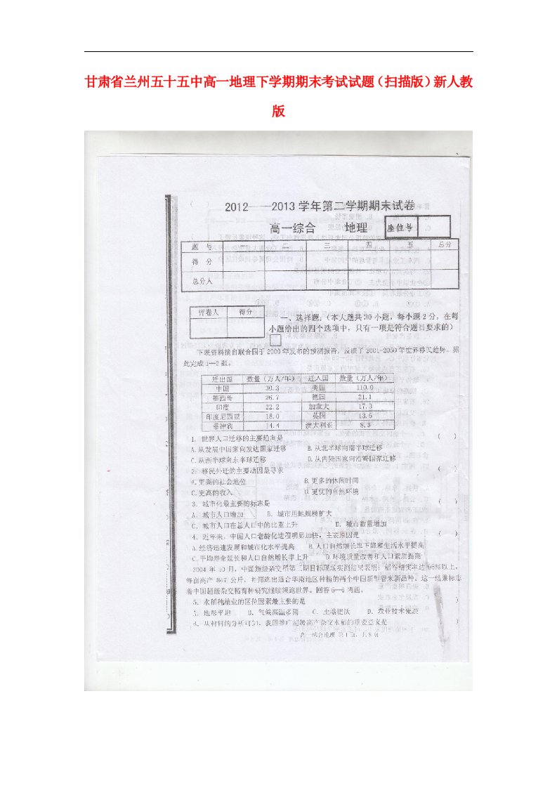 甘肃省兰州五十五中高一地理下学期期末考试试题（扫描版）新人教版