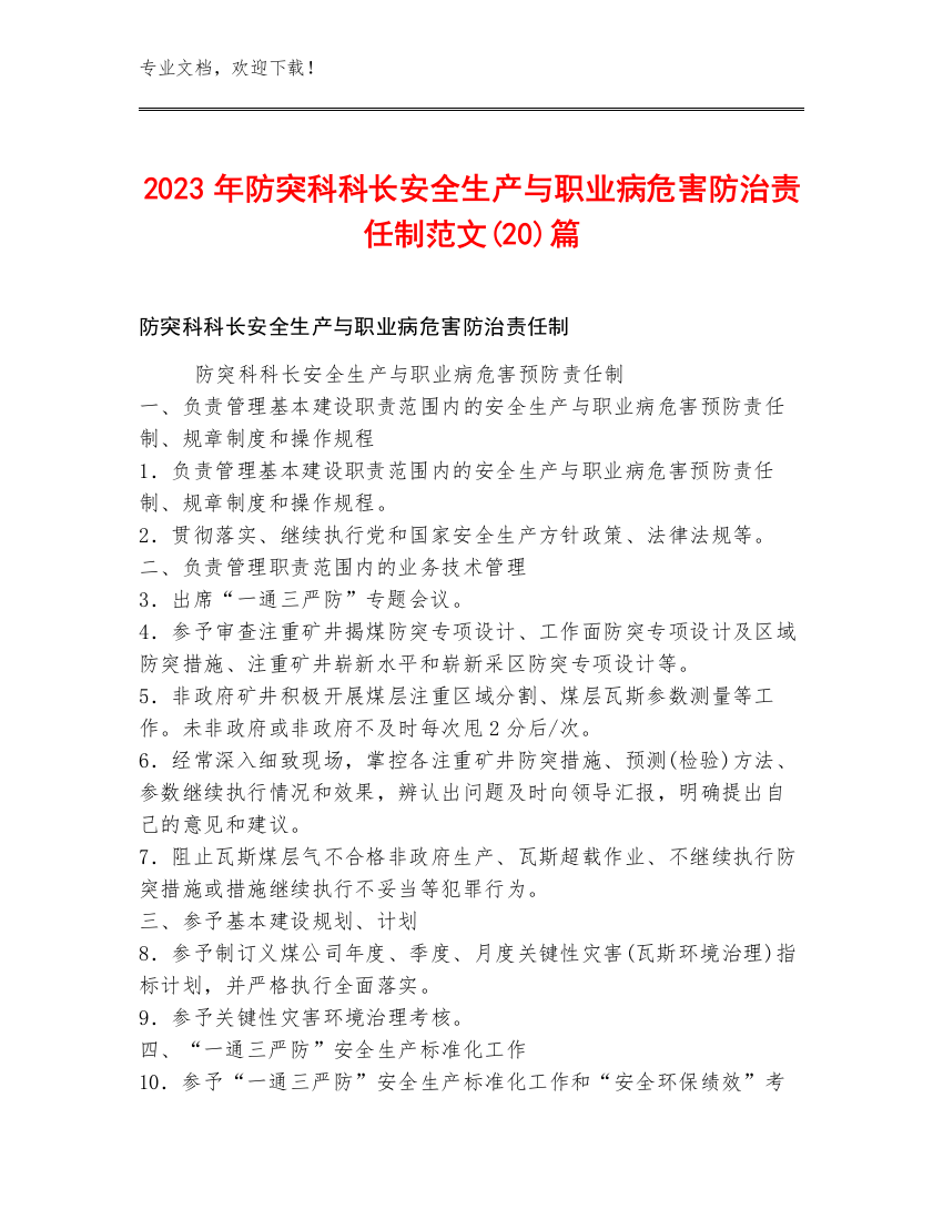 2023年防突科科长安全生产与职业病危害防治责任制范文(20)篇