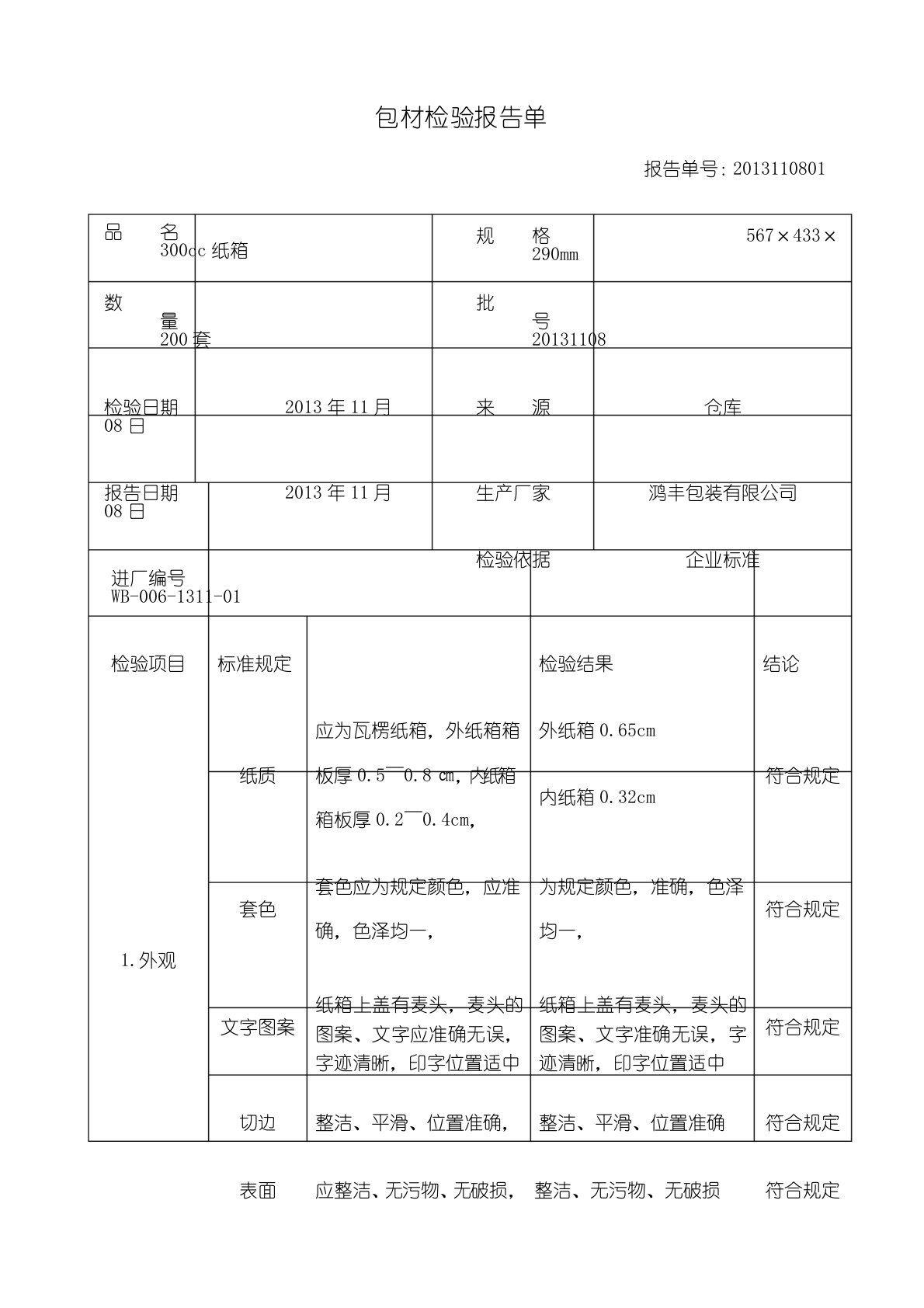 纸箱检验报告单