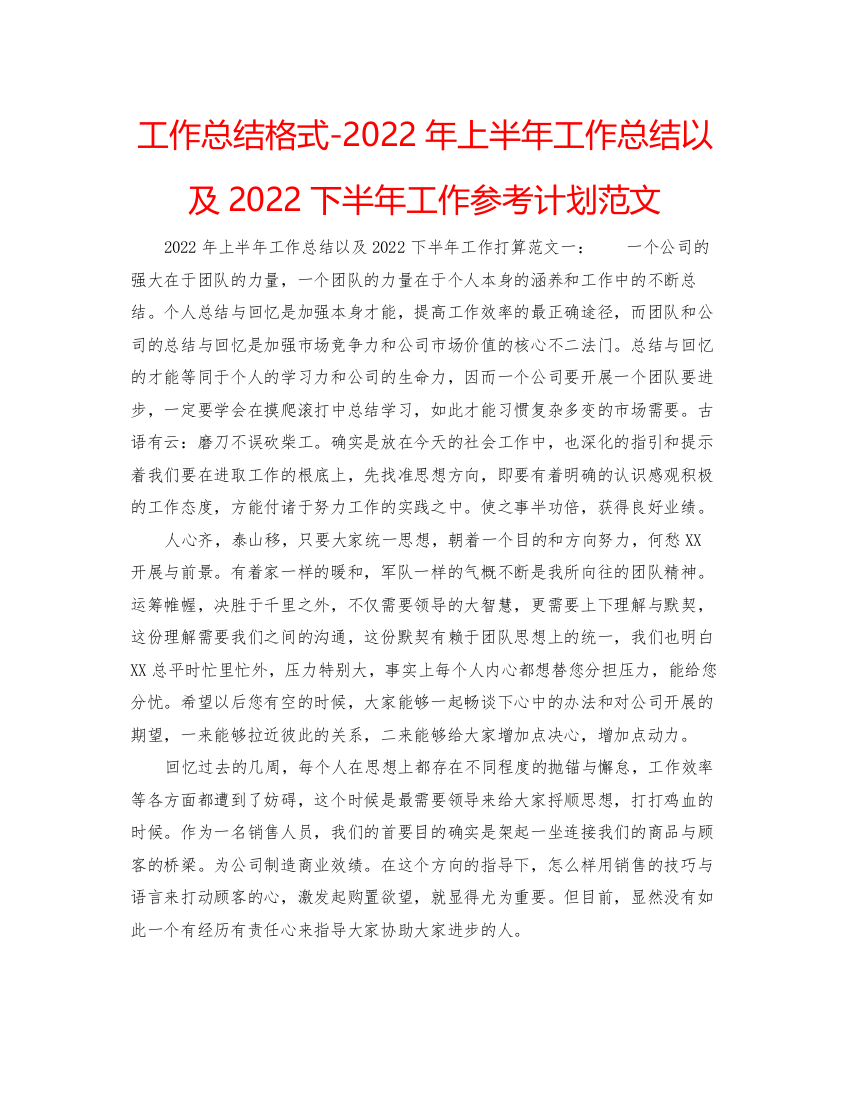 工作总结格式年上半年工作总结以及下半年工作参考计划范文