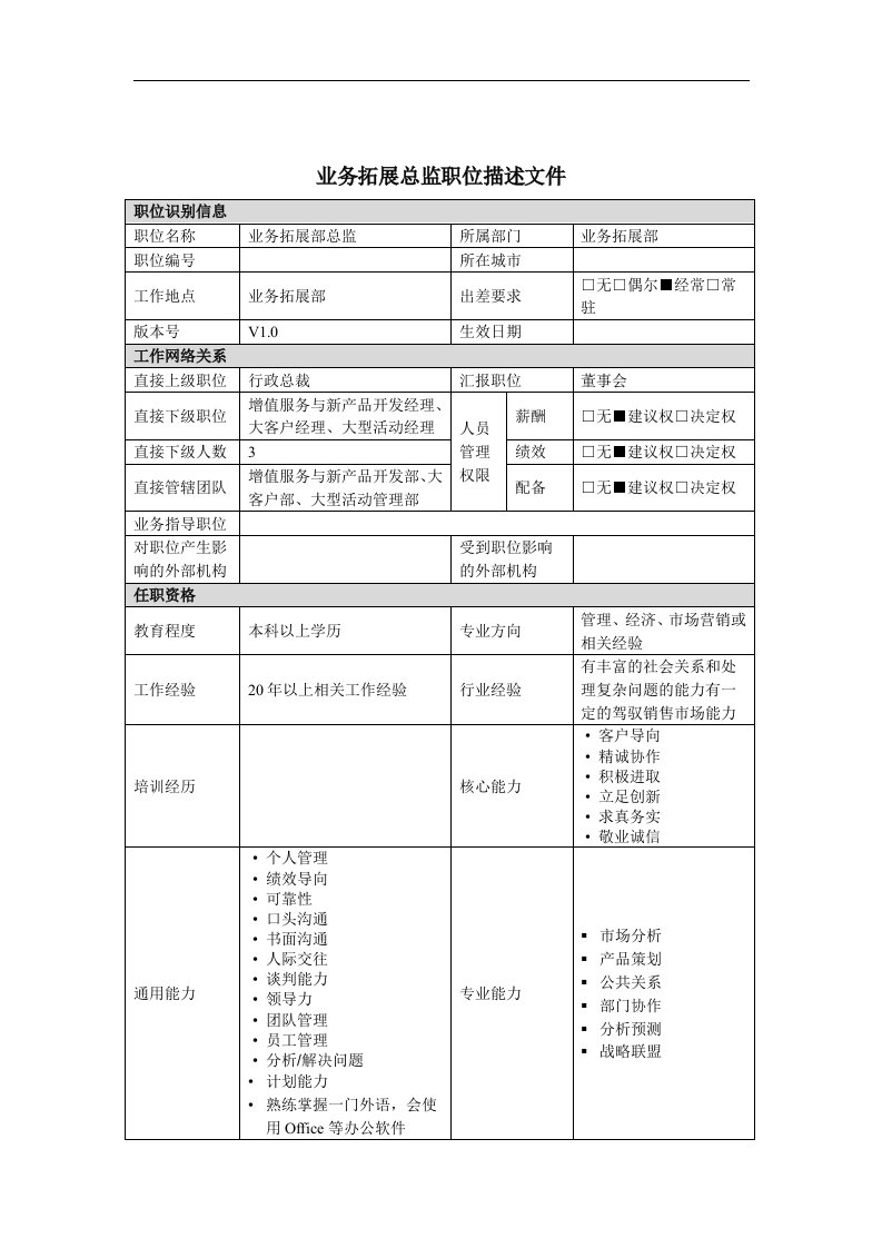 业务拓展总监岗位说明书