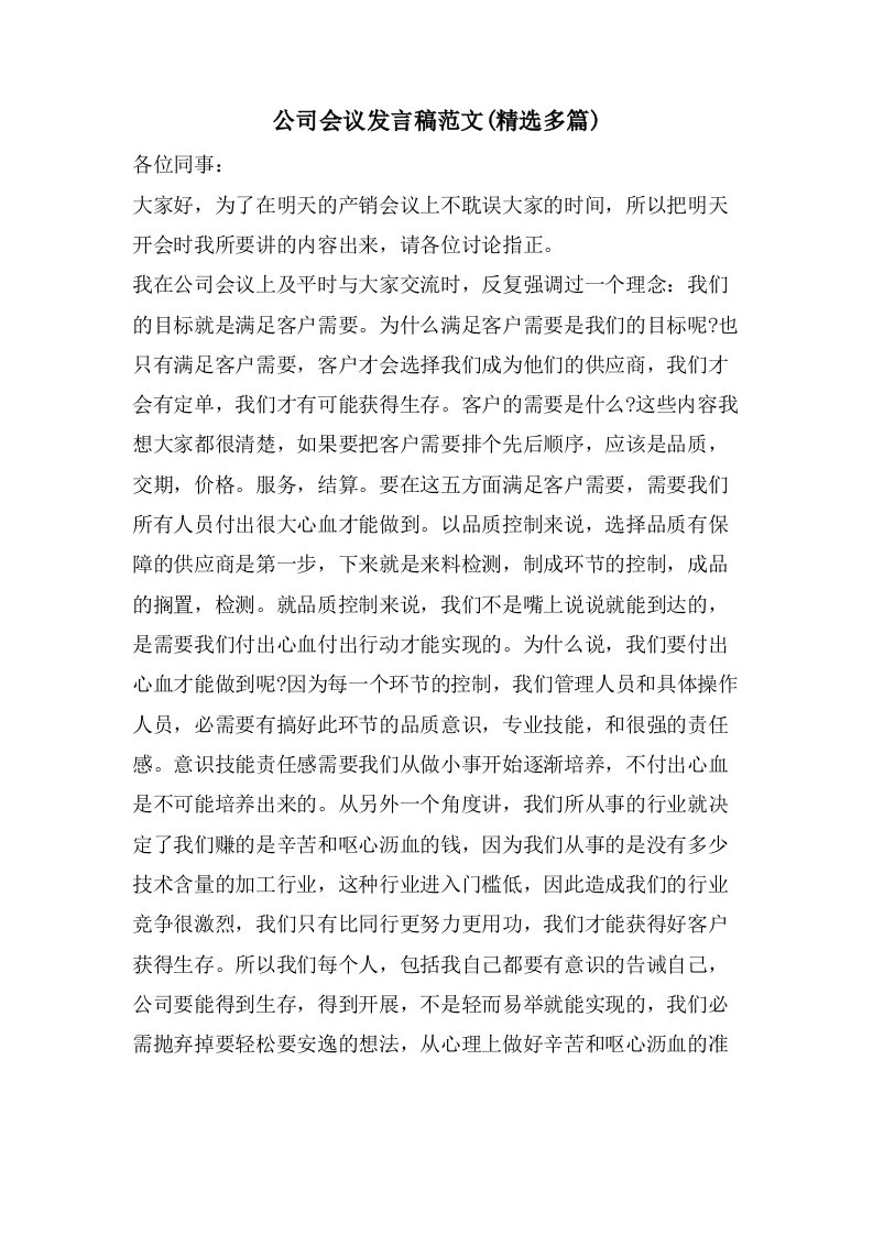 公司会议发言稿范文(精选多篇)