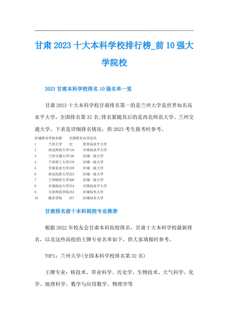 甘肃十大本科学校排行榜_前10强大学院校