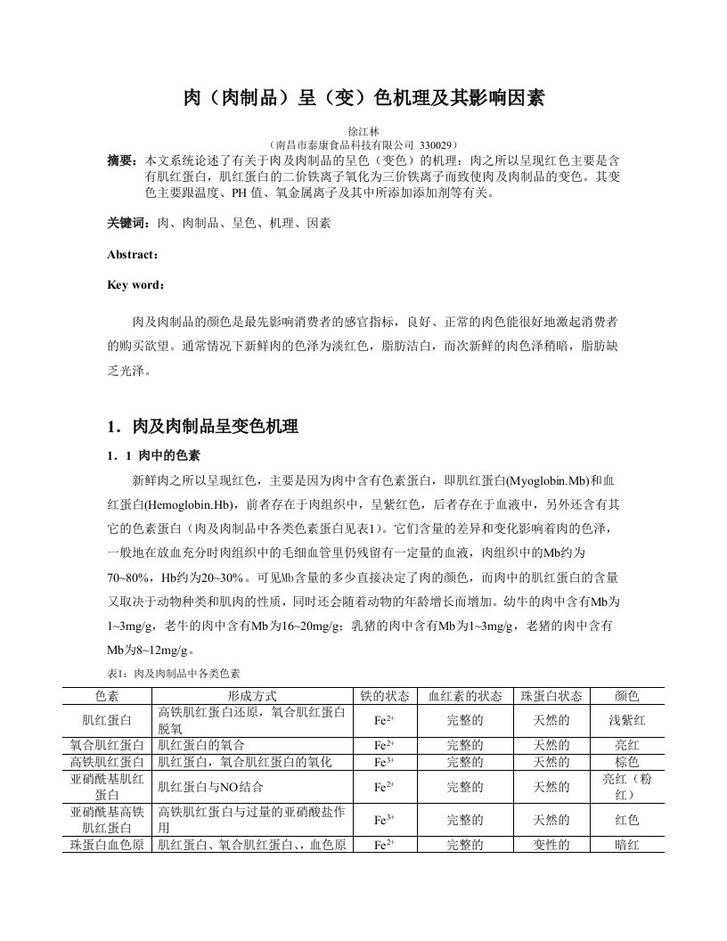 肉（肉制品）的呈色机理及其影响因素