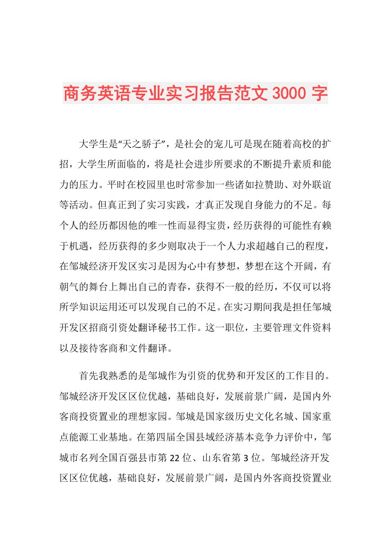 商务英语专业实习报告范文3000字