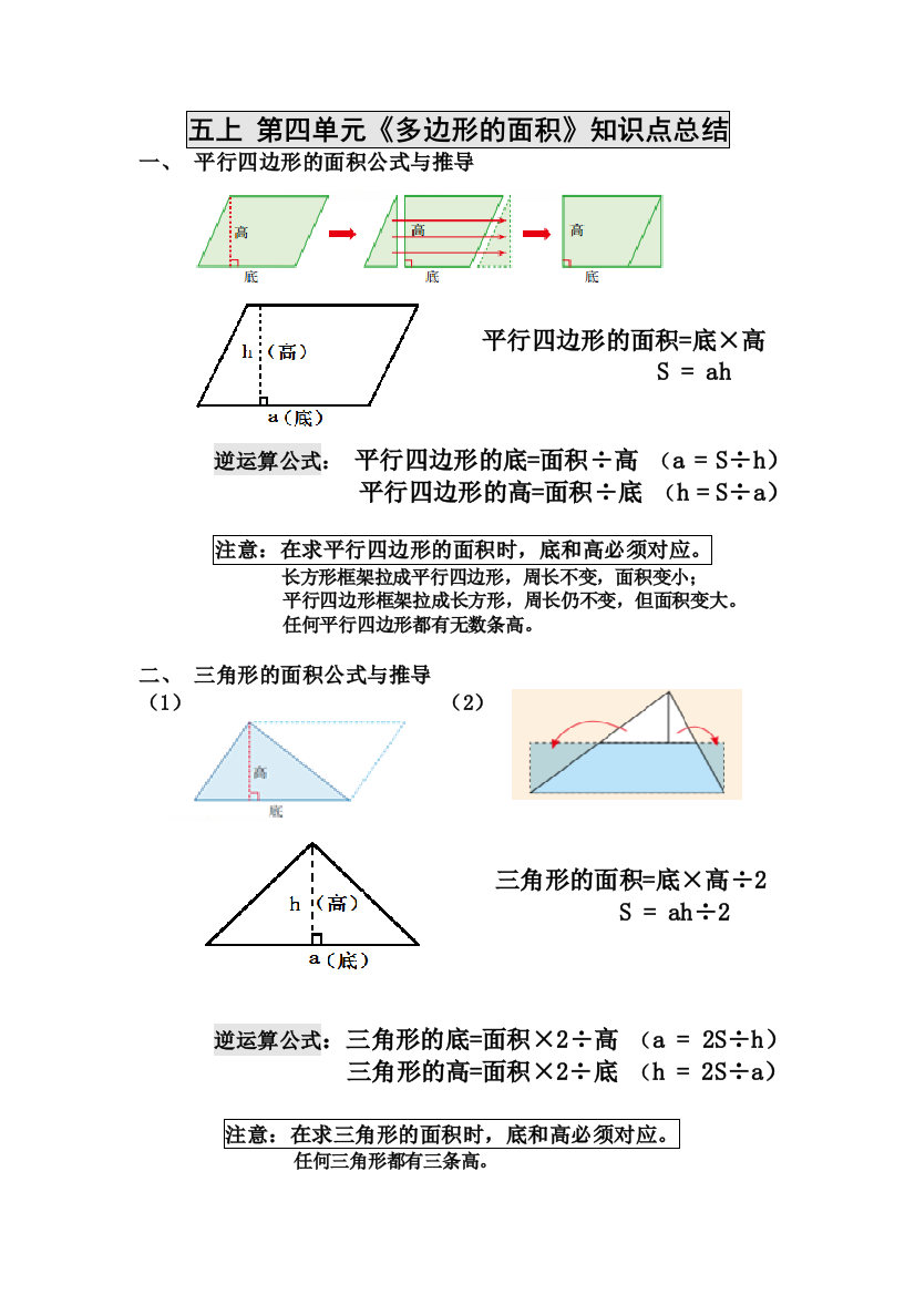 (完整版)新北师大版五年级上册数学第四单元《多边形的面积》知识点总结(全)