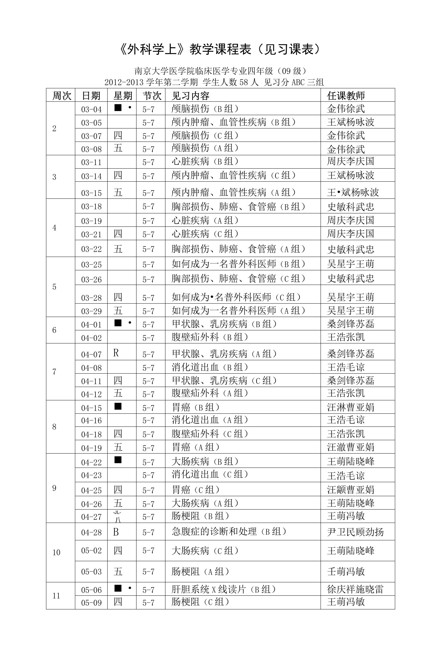 外科学上教学课程表见习课表