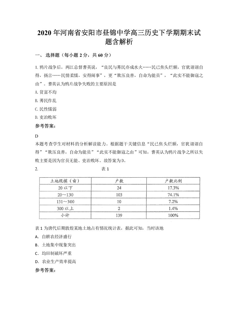 2020年河南省安阳市昼锦中学高三历史下学期期末试题含解析