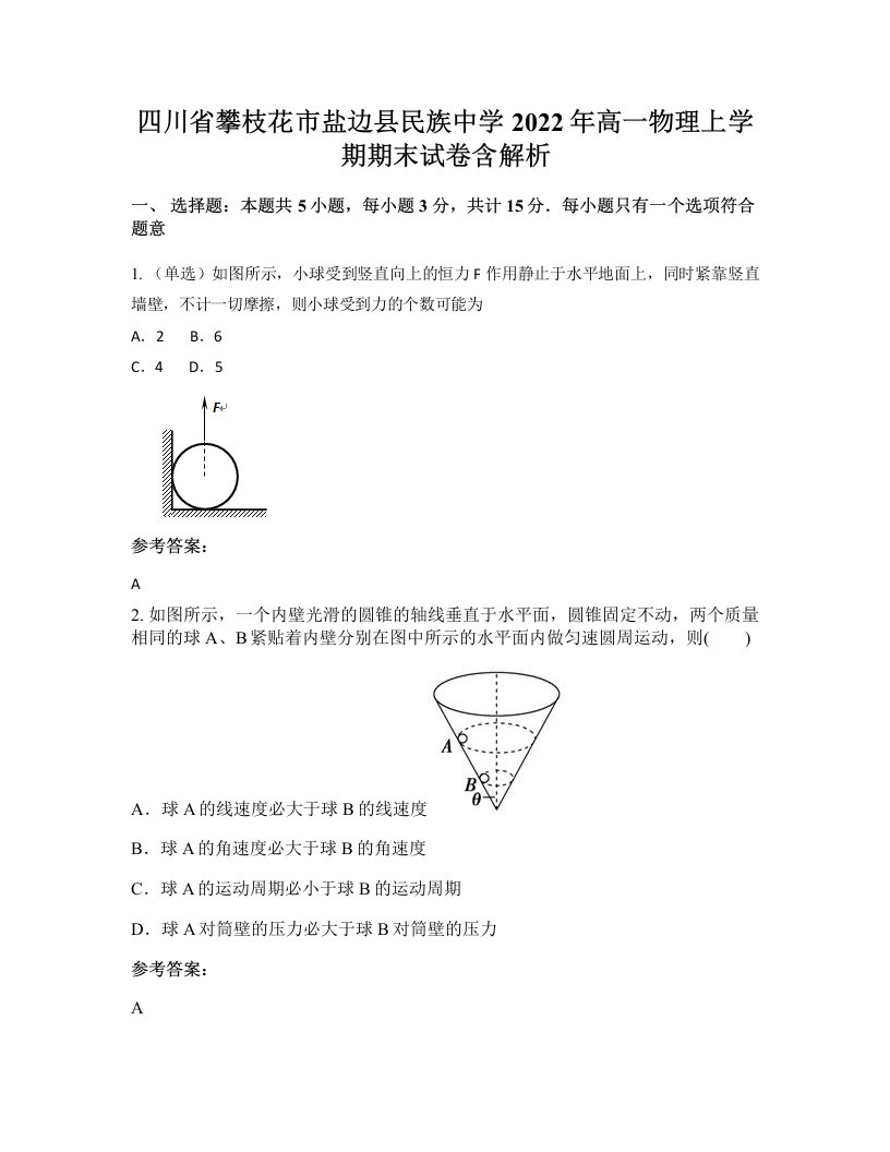 四川省攀枝花市盐边县民族中学2022年高一物理上学期期末试卷含解析