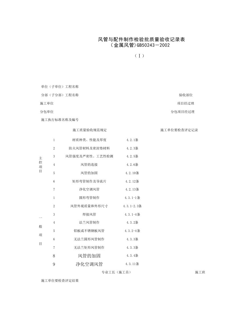 080101-1_风管与配件制作检验批质量验收记录表(金属风管）