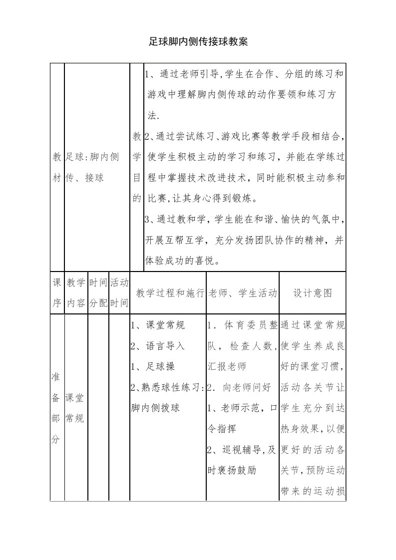 1足球脚内侧传接球教案