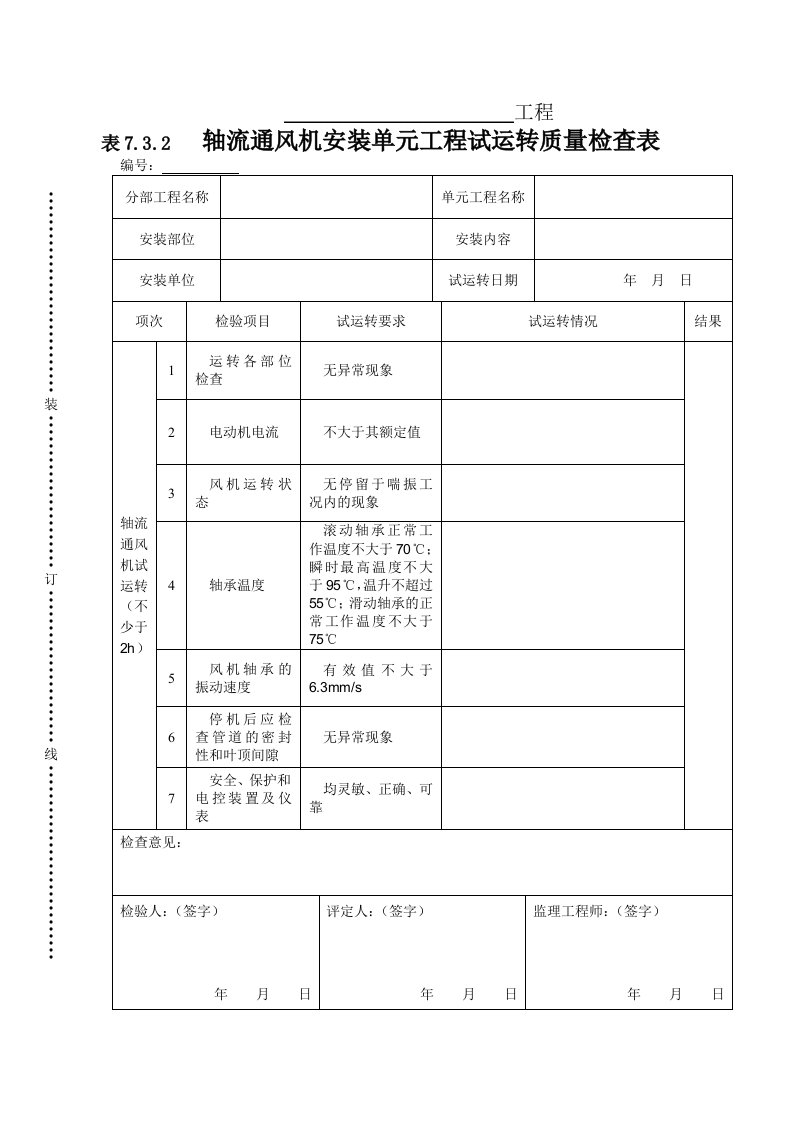 建筑资料-表732轴流通风机安装单元工程试运转质量检查表