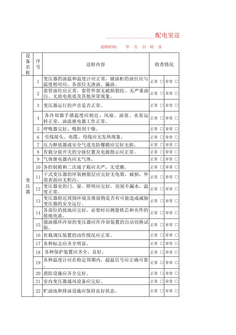 10kV及以下配电室巡检记录表