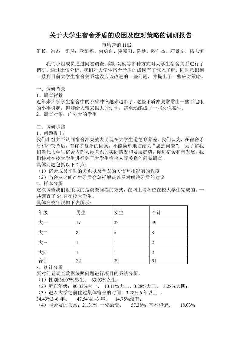 关于大学生宿舍矛盾的成因及应对策略的调研报告