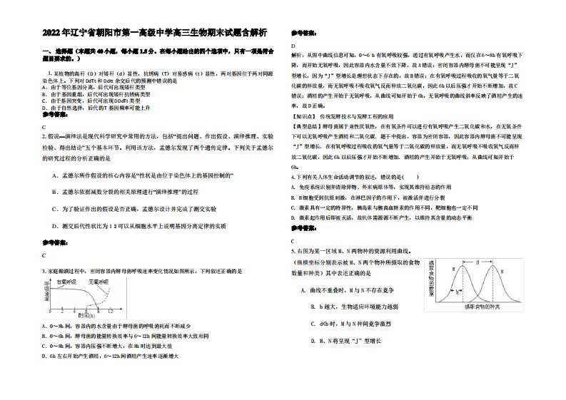 2022年辽宁省朝阳市第一高级中学高三生物期末试题含解析