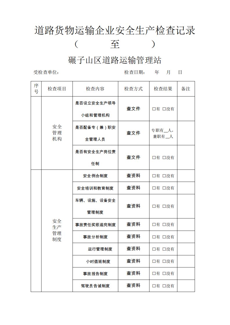 道路货物运输企业安全生产检查表