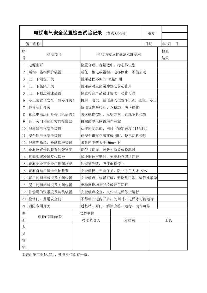 电气工程-电梯电气安全装置检查试验记录表