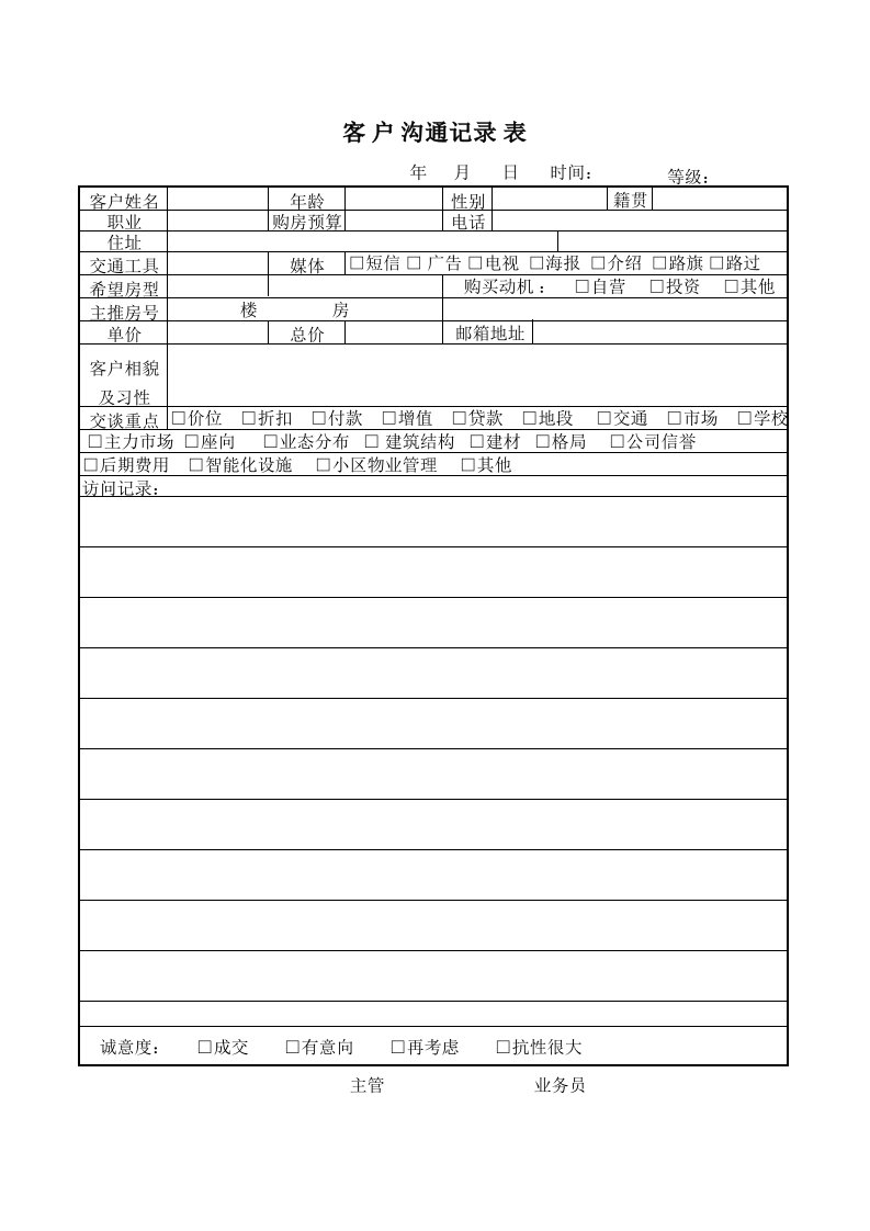 房地产销售案场客户登记表