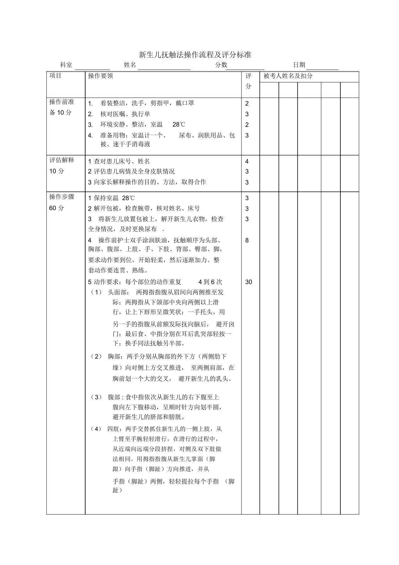 新生儿抚触法操作流程及评分标准