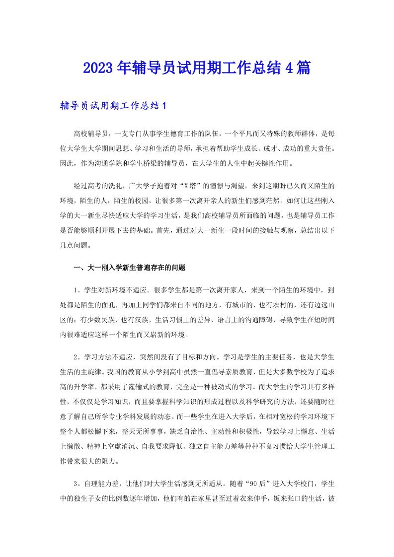 2023年辅导员试用期工作总结4篇