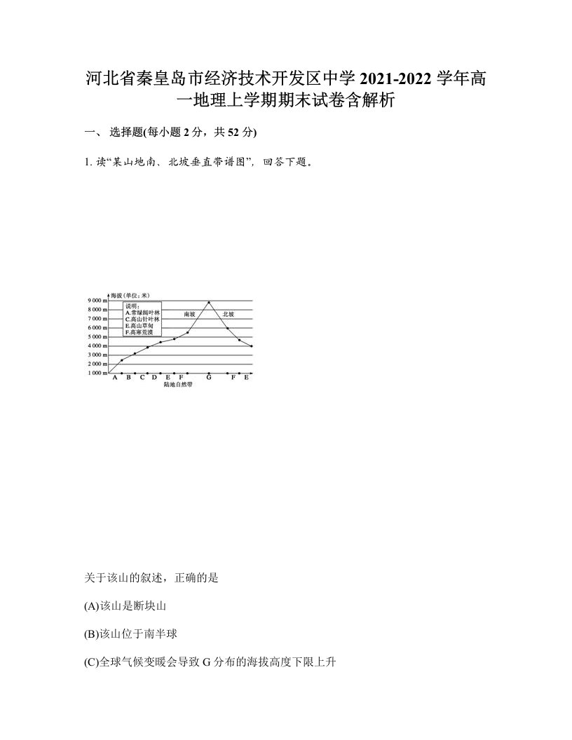 河北省秦皇岛市经济技术开发区中学2021-2022学年高一地理上学期期末试卷含解析