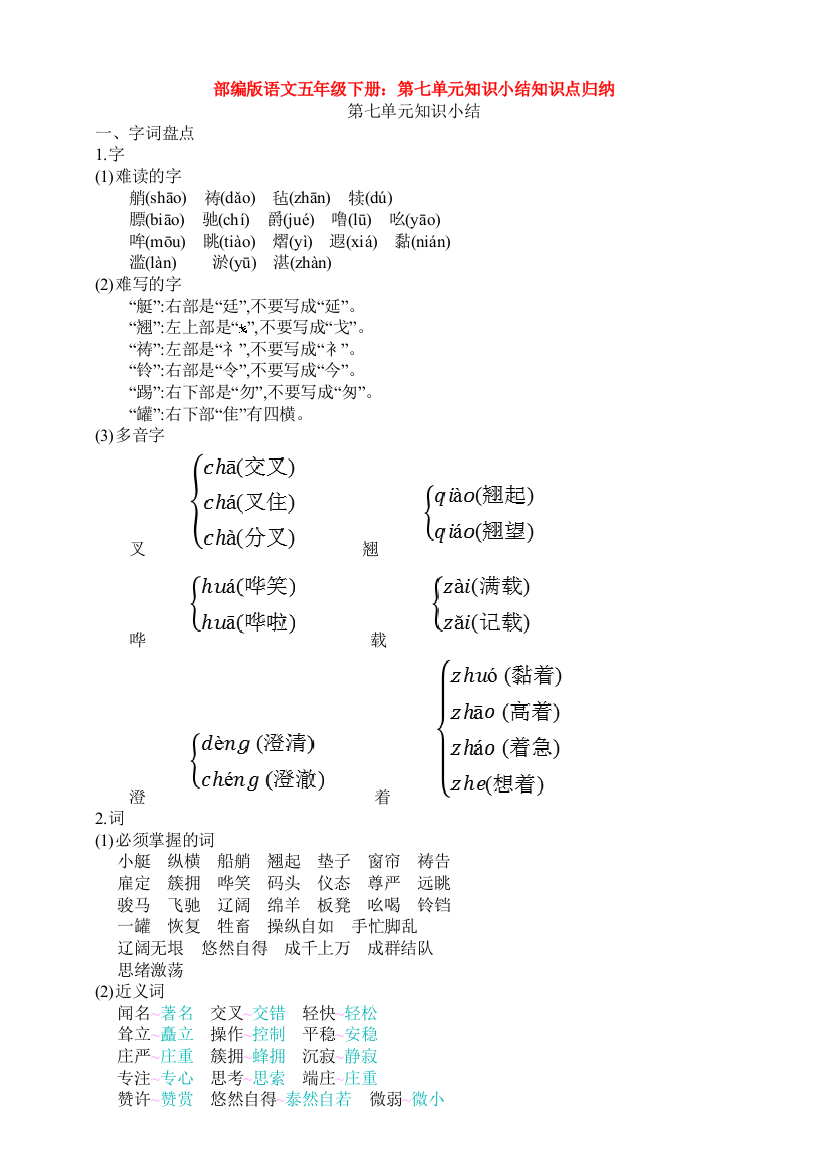 部编版语文五年级下册：第七单元知识小结知识点归纳