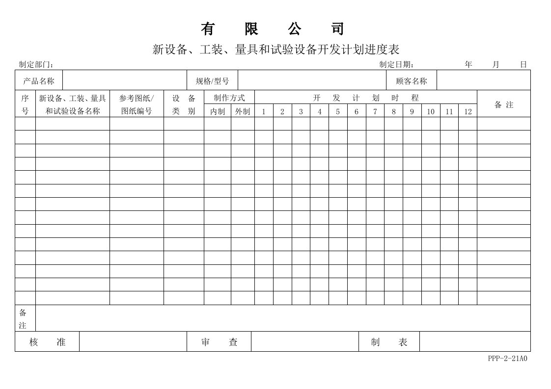 APQP新设备、工装、量具和试验设备开发计划