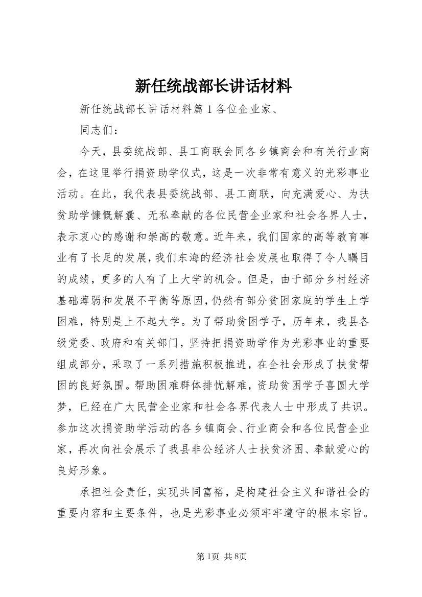 新任统战部长讲话材料