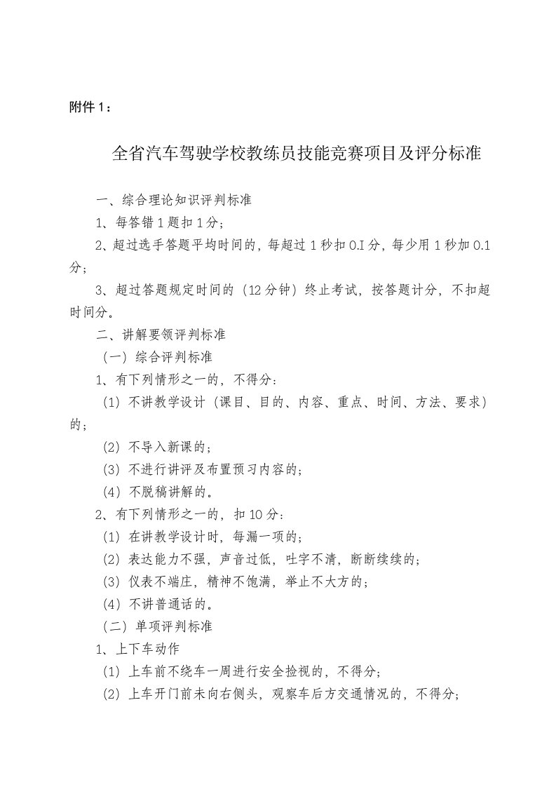 全省汽车驾驶学校教练员技能竞赛项目及评分标准