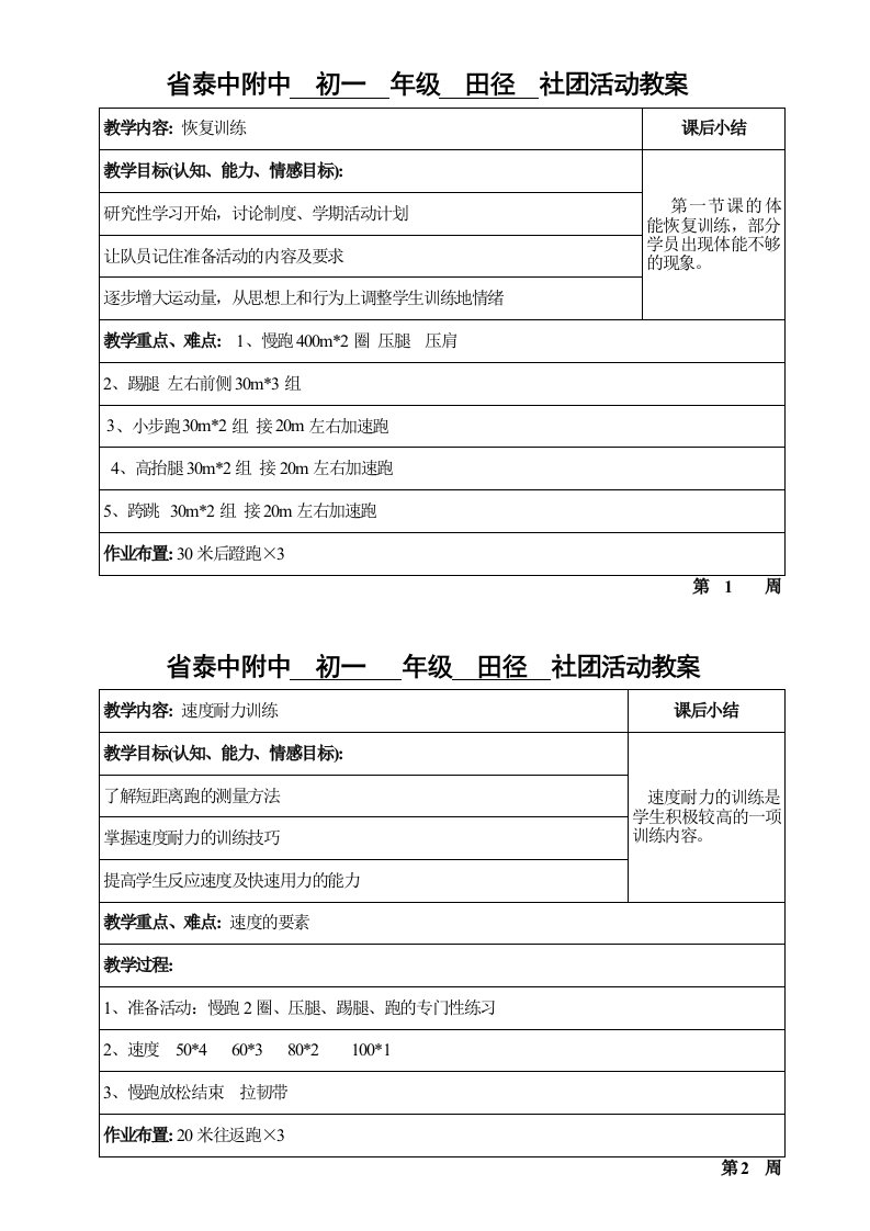 泰中附中初一年级田径社团活动教案