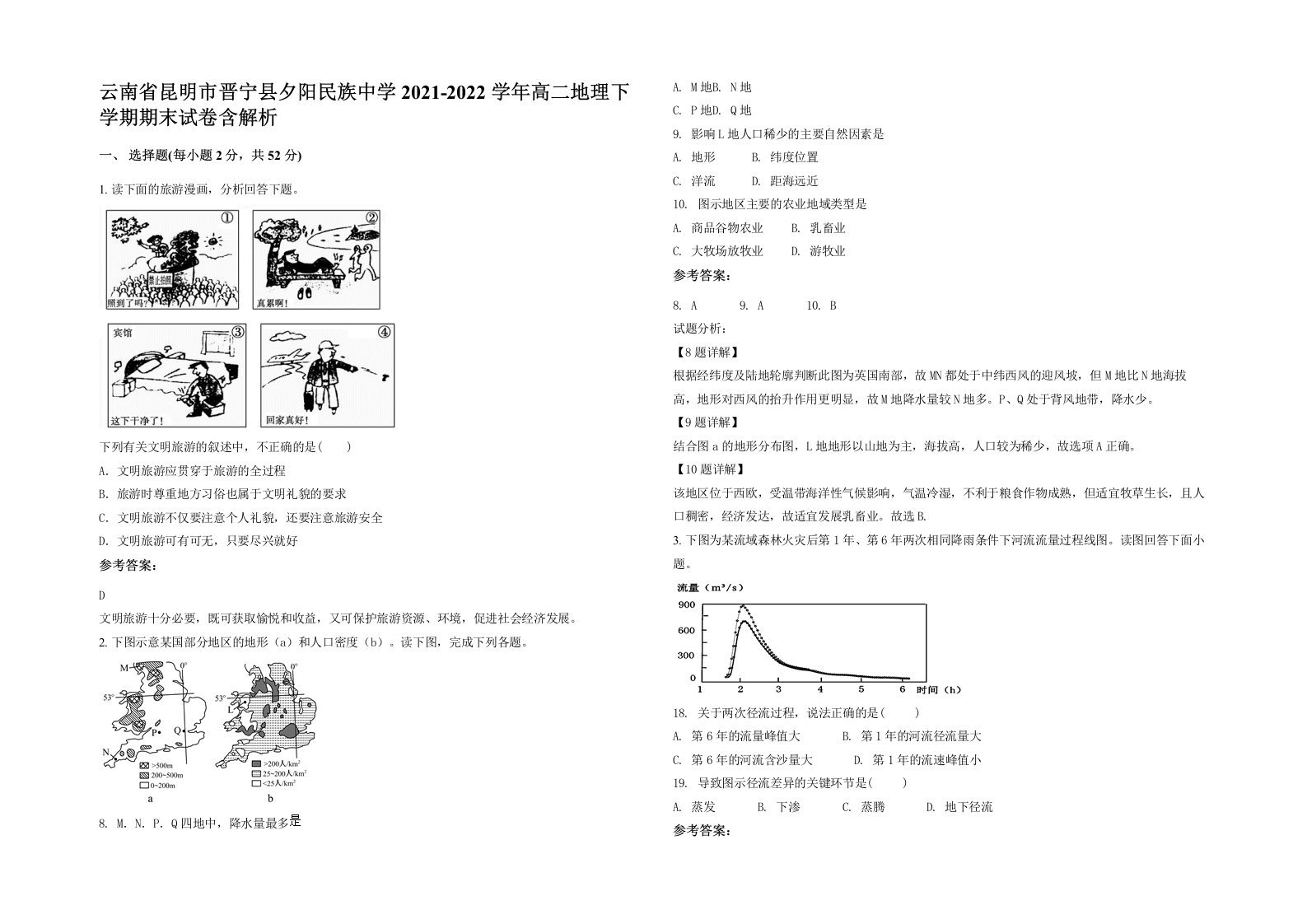 云南省昆明市晋宁县夕阳民族中学2021-2022学年高二地理下学期期末试卷含解析