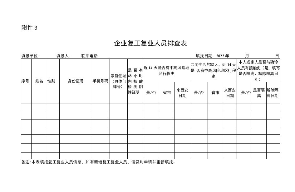 企业复工复业人员排查表