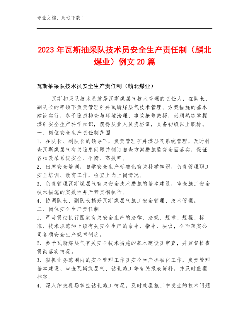 2023年瓦斯抽采队技术员安全生产责任制（麟北煤业）例文20篇