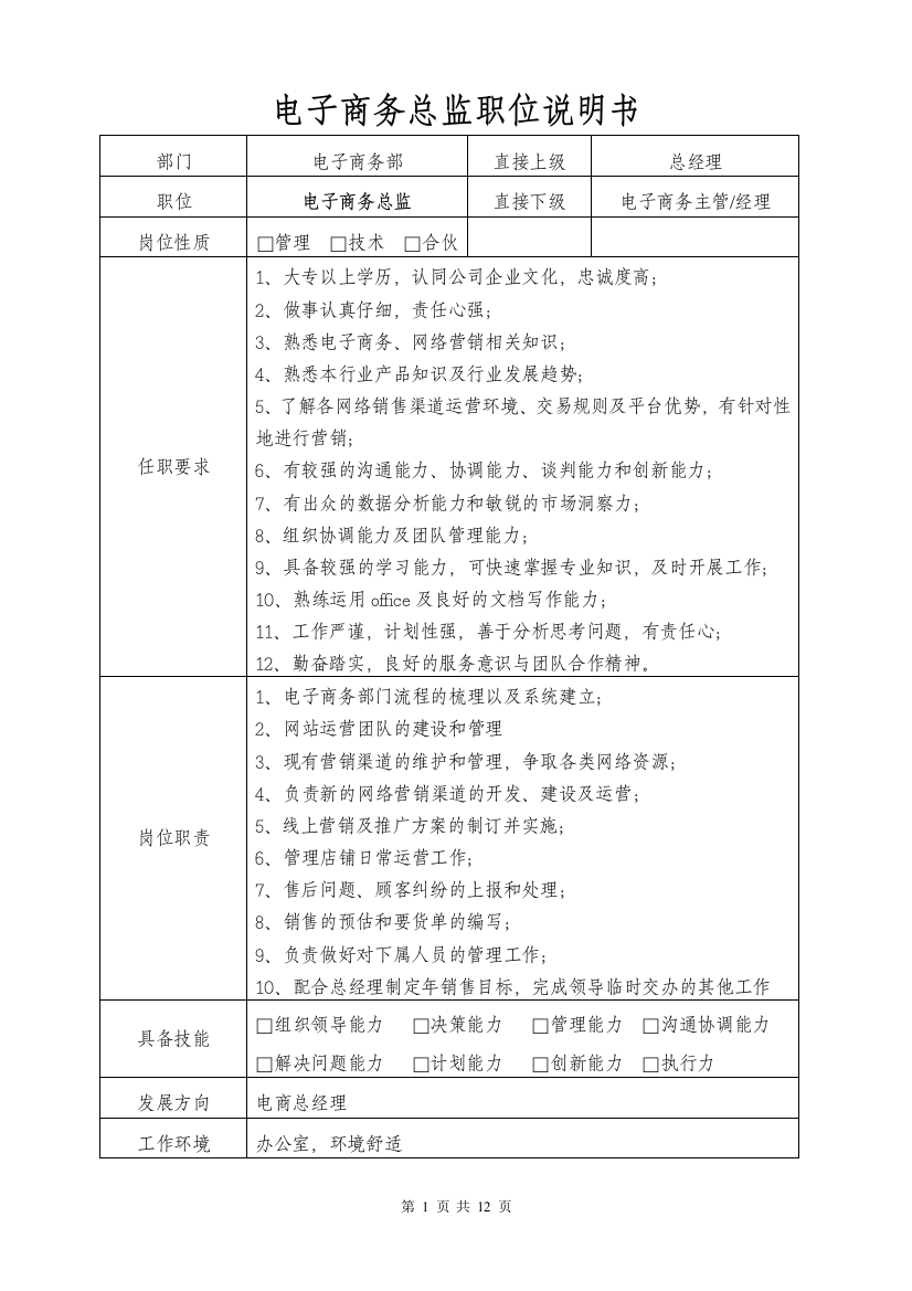 (完整word版)电商公司各职位说明书(word文档良心出品)