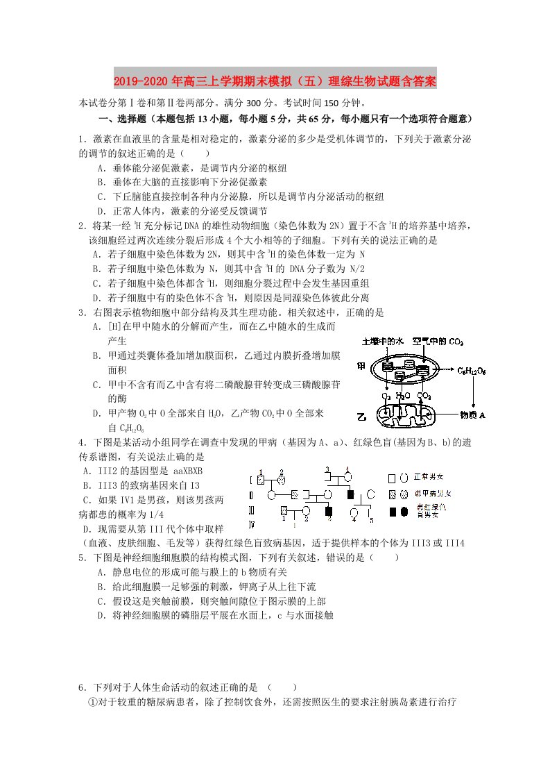 2019-2020年高三上学期期末模拟（五）理综生物试题含答案