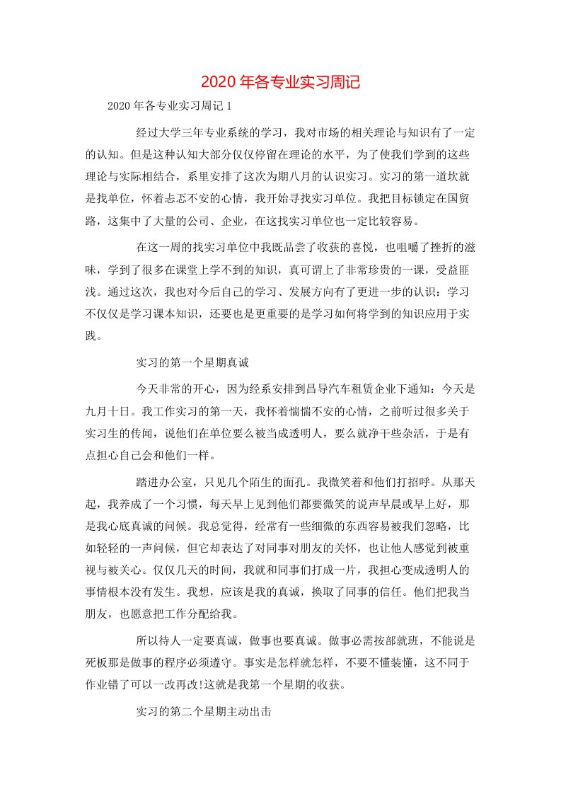 精选2020年各专业实习周记