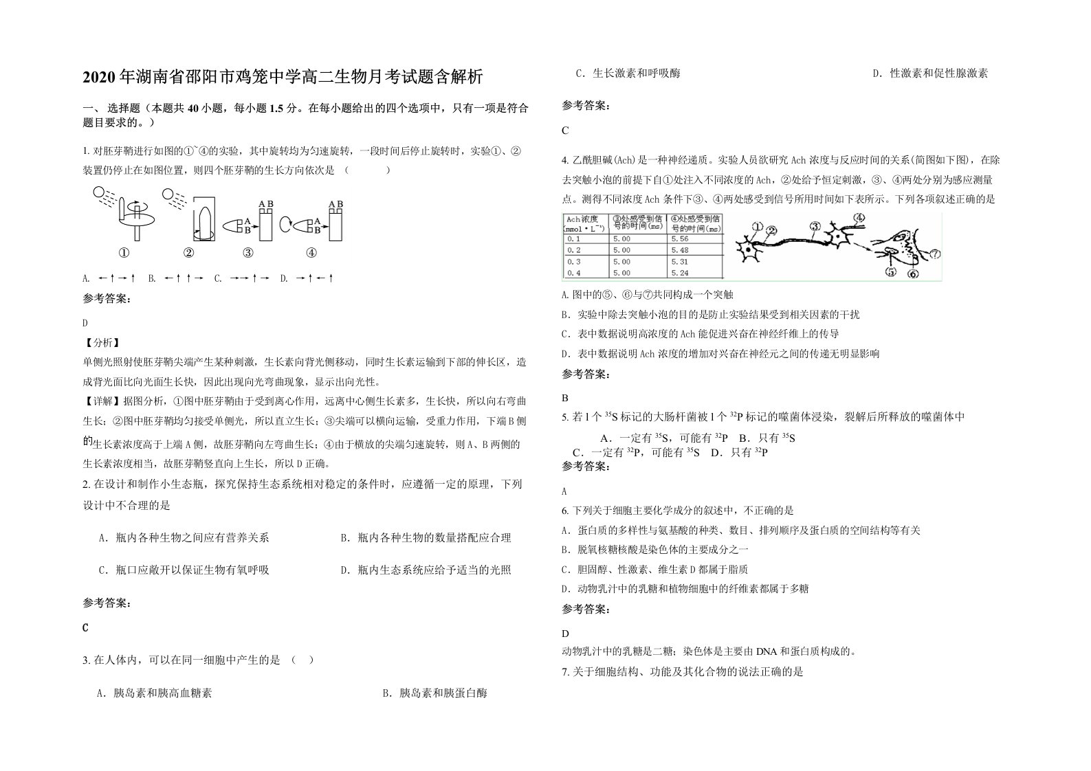 2020年湖南省邵阳市鸡笼中学高二生物月考试题含解析