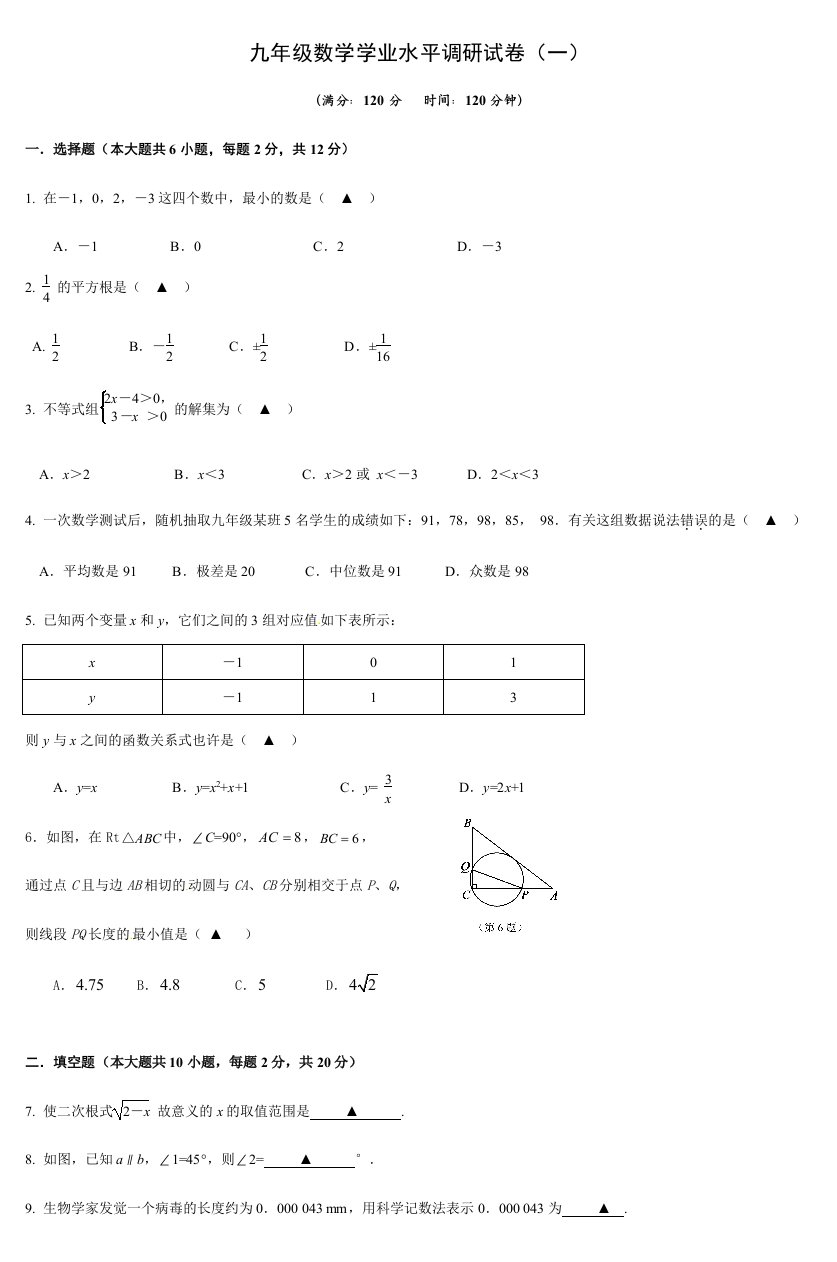 2024年九年级数学学业水平调研试卷